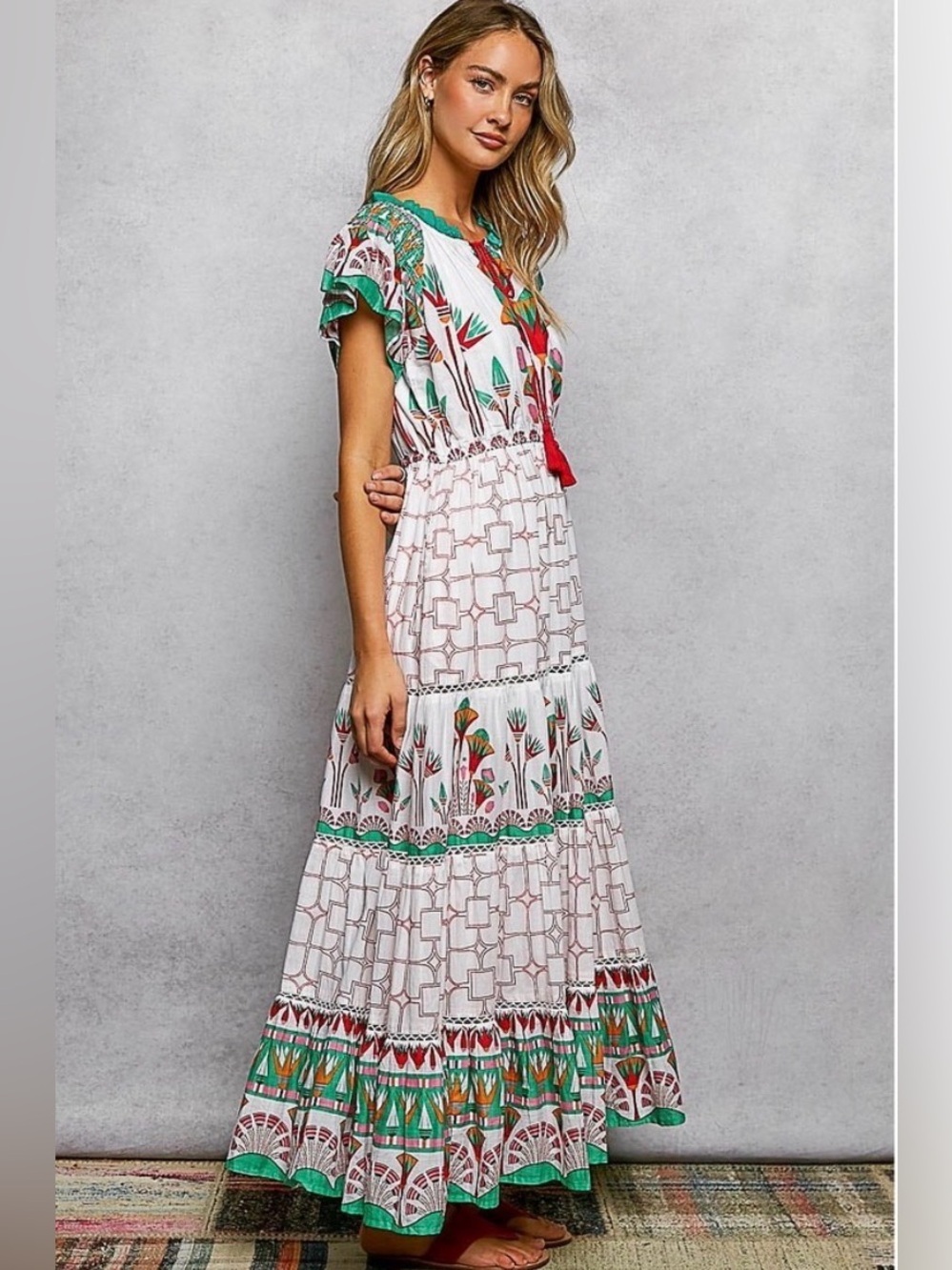 POL Hand Block Printed Cotton Tiered Midi Dress | Medium | Flutter Sleeve NWT - Picture 3 of 9